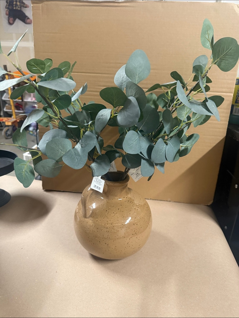 Hearth & Hand Tan Speckled Ceramic Vase with Faux Eucalyptus